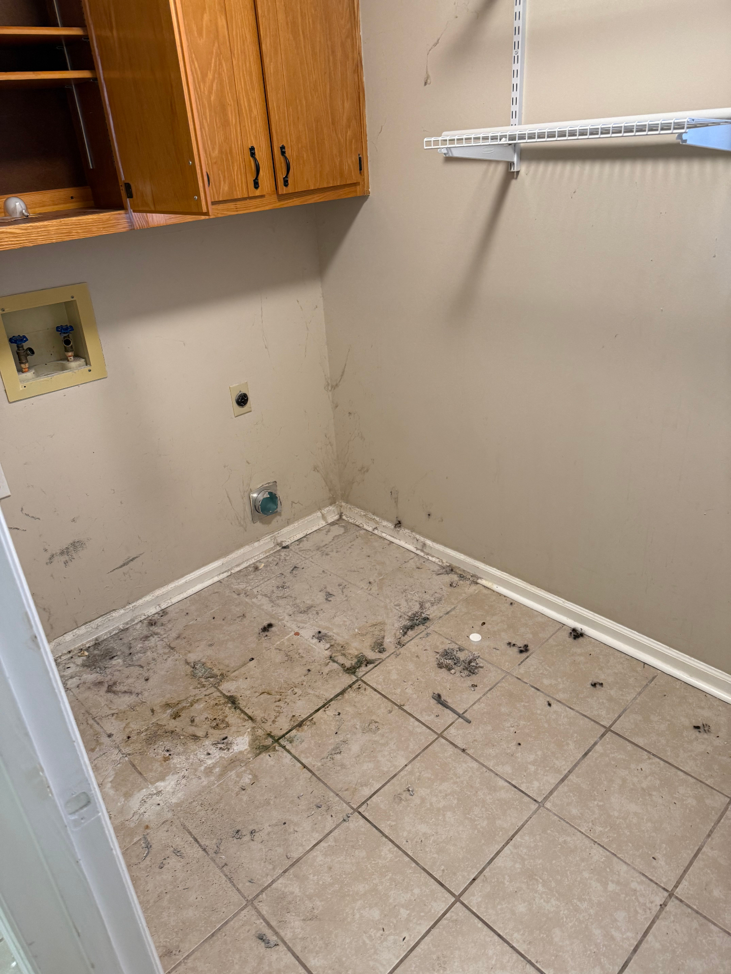 Laundry room with debris, scuffed walls, and stained tile floor