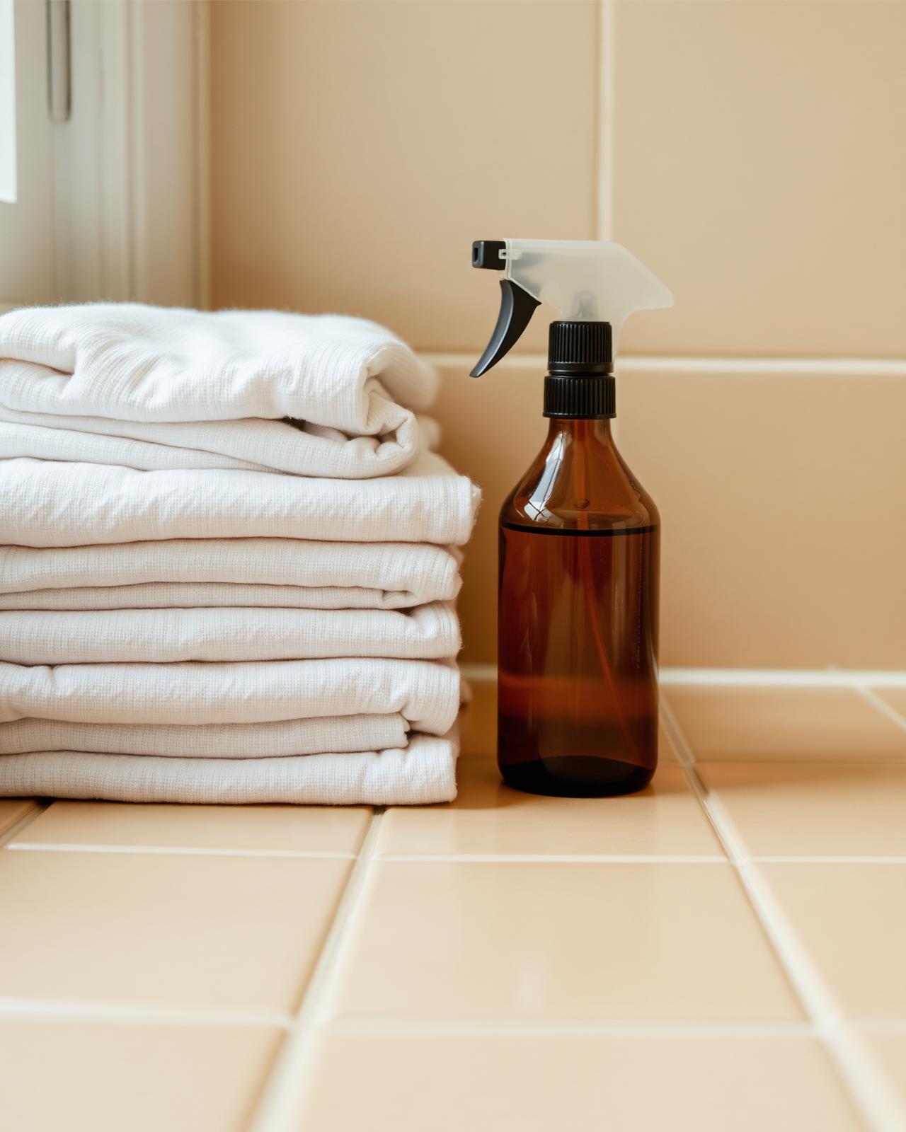 Folded cotton cloths and an amber spray bottle on warm tile
