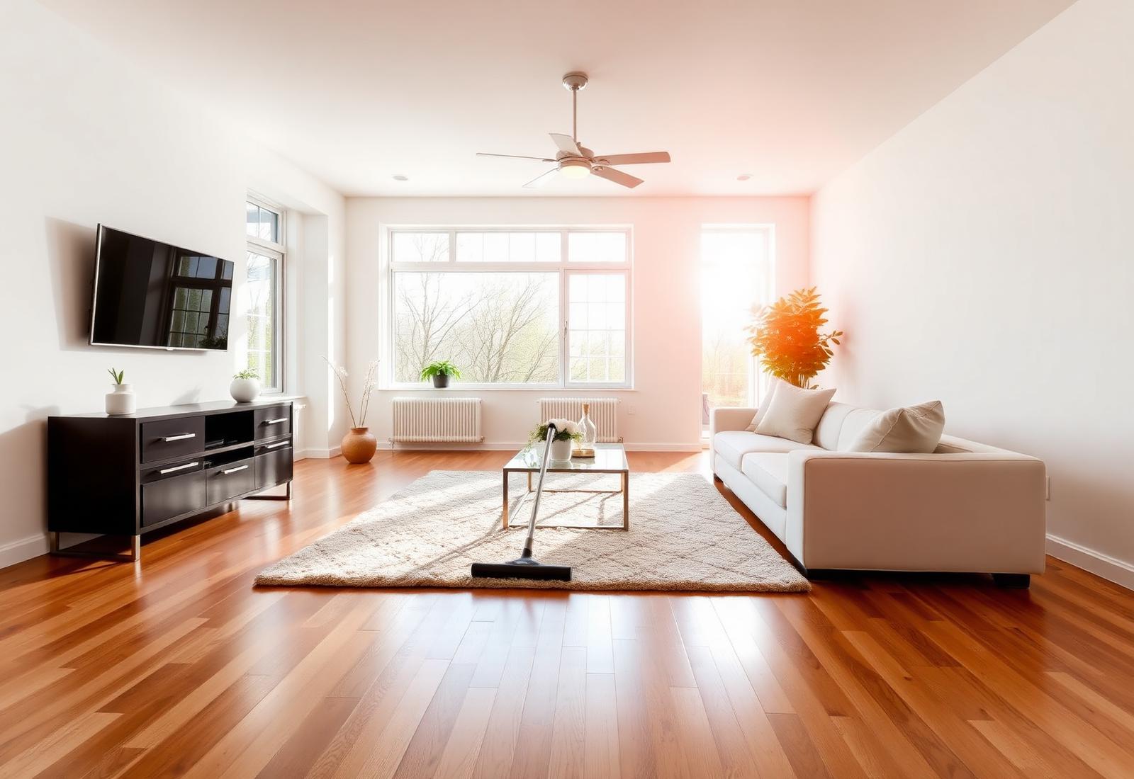 A quiet, spotlessly cleaned living room in warm daylight